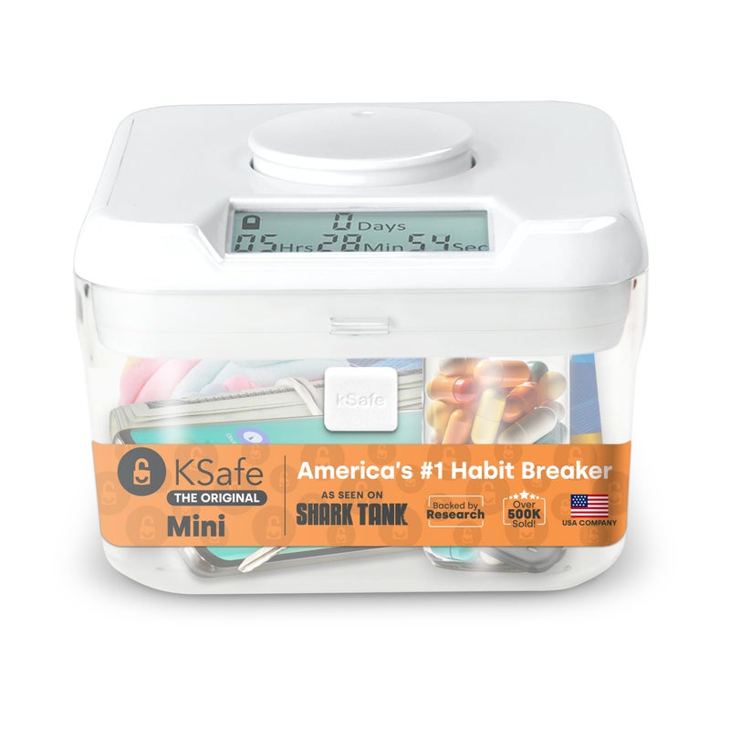 Kitchen Safe kSafe Time Locking Container Mini - Habit Control Device, Snack Safe, Tech Lock Box, Medication Timer Box, No Overrides, BPA-Free Plastic, 4.25â€ W x 3â€ H, White Lid, Clear Base - Image 1
