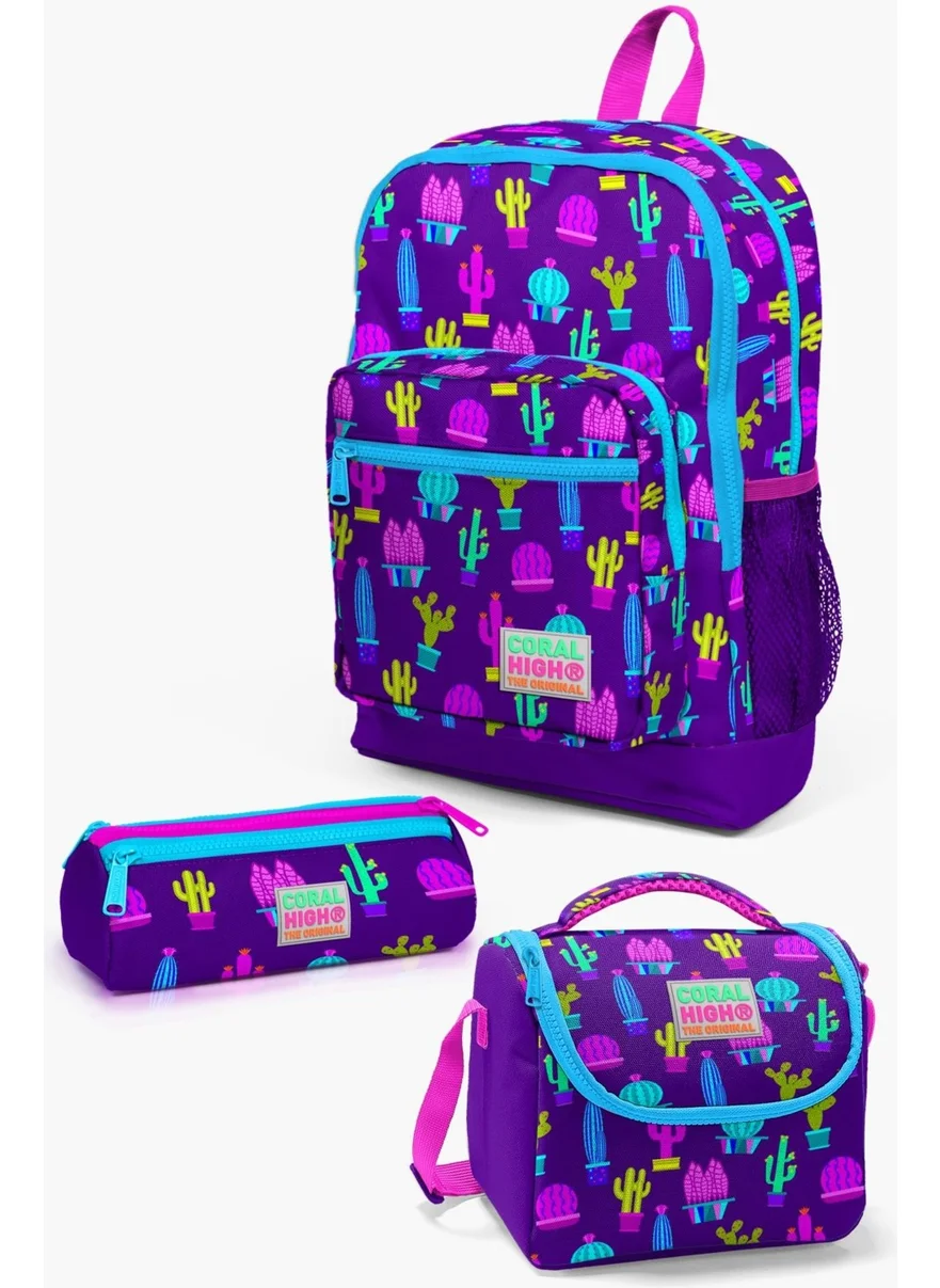 CORAL HIGH Kids Purple Pink Cactus Patterned 3-Piece School Bag Set SET0123108
