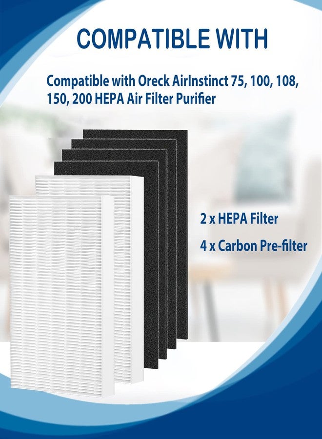 Fizerneer Air108 HEPA Filter Replacement Compatible with Oreck AirInstinct Air Cleaner Purifiers 75, 100, 108, 150, 200, Including 2 Ture HEPA Filters and 4 Carbon Pre-Filters - Image 5