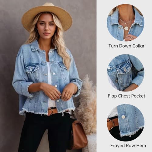 LONGBIDA Women's Jean Jacket Frayed Washed Button Up Cropped Denim Jacket With Pockets(Light Blue,M) - Image 4