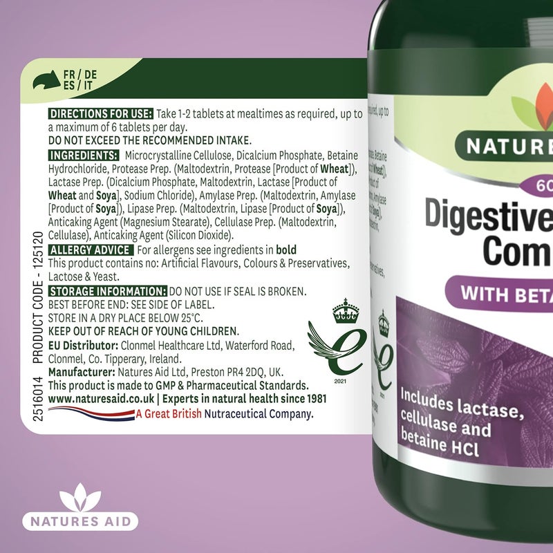 Natures Aid Digestive Enzyme Complex Supports Digestion Bloating Discomfort Relief and Nutrient Absorption Betaine HCl Vegan Vegetarian NonGMO 60 Tablets - Image 5