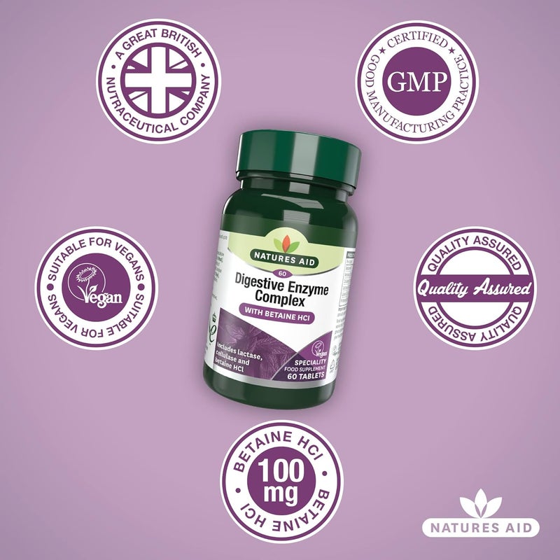 Natures Aid Digestive Enzyme Complex Supports Digestion Bloating Discomfort Relief and Nutrient Absorption Betaine HCl Vegan Vegetarian NonGMO 60 Tablets - Image 4