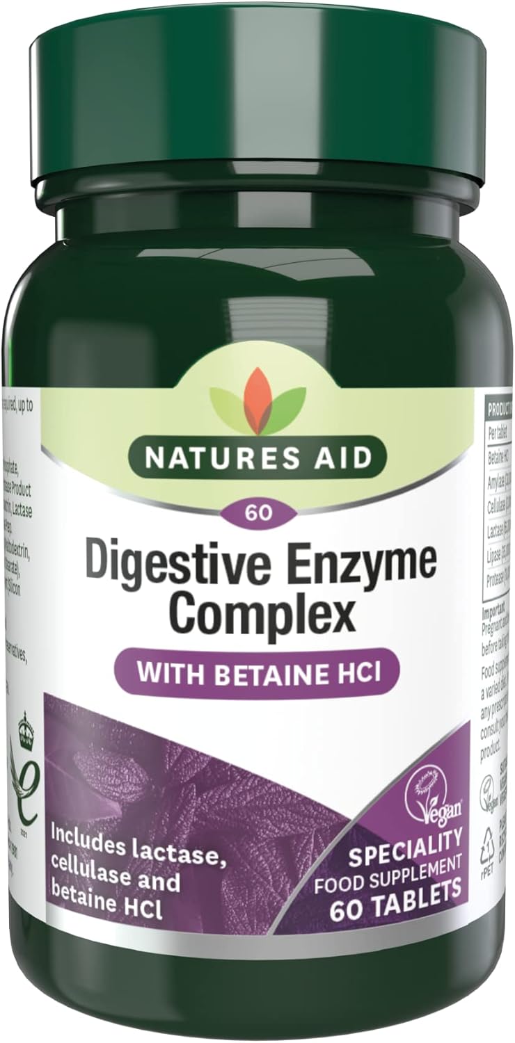 Natures Aid Digestive Enzyme Complex Supports Digestion Bloating Discomfort Relief and Nutrient Absorption Betaine HCl Vegan Vegetarian NonGMO 60 Tablets - Image 1
