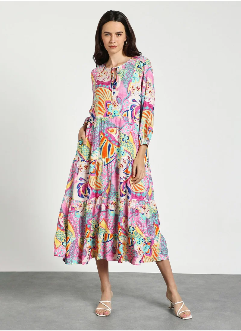 Couturelabs Multicolor Round Neck Tiered Midi Dress