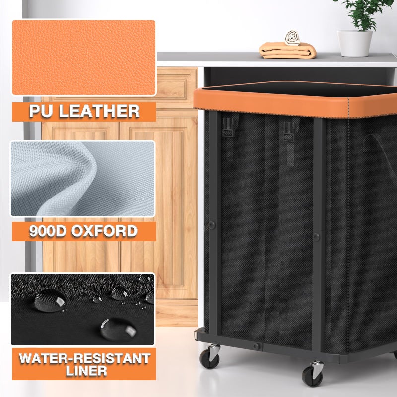 alentar 150L (40 Gal) Large Fashion Laundry Basket with Wheels, Leather Patchwork Rolling Hamper Carts, Sturdy Metal Frame, Removable Washable Bag, Tall Clothes Sorter for Bedroom, Laundry Room, Dorm - Black - Image 2