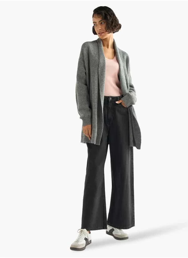 فاف Textured Open Front Cardigan with Long Sleeves