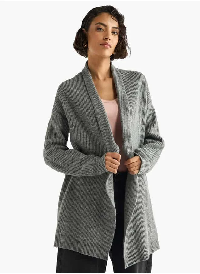 فاف Textured Open Front Cardigan with Long Sleeves