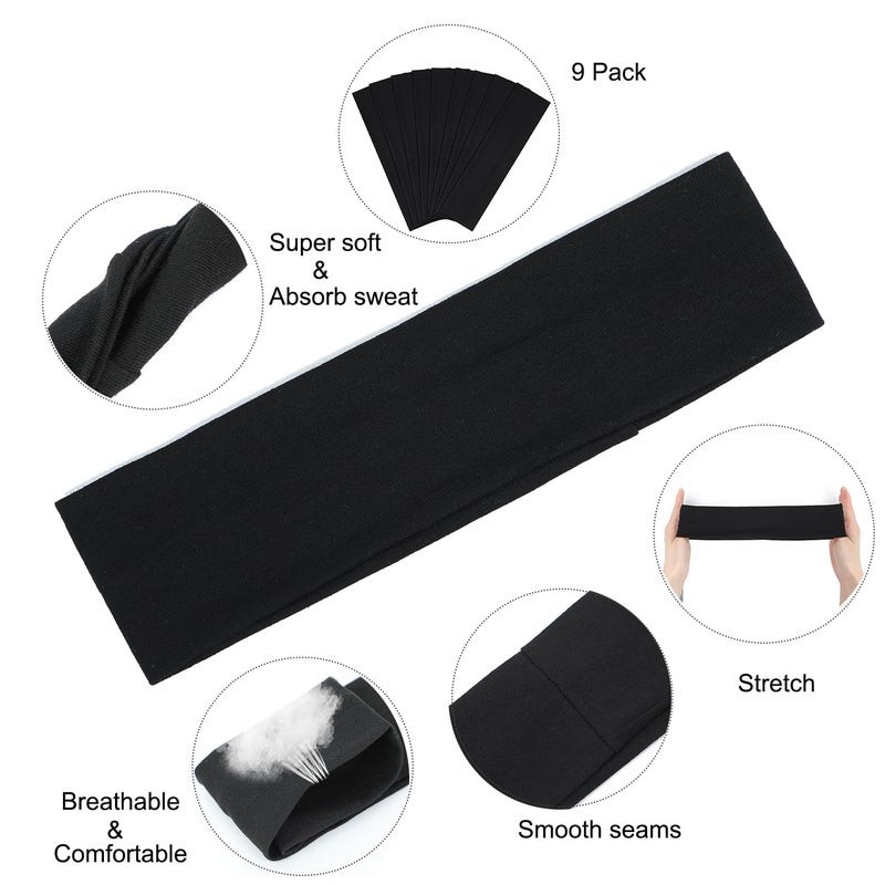 Ainitops 9Pcs Headbands for women Non Slip Headband, Soft Elastic Hair Bands for Women's Hair, Fashion Cotton Cloth Stretchy Sweat Bands Headbands for Sports, Makeup, Gym, Running, Yoga, Workout (Black) - Image 3