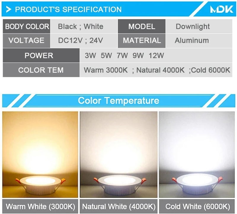 Led spotlights LED Downlight 12V DC 3W 5W 7W 9W 12W Spot Light Mini 24V Voltage Decoration Ceiling Lamp Bathroom Panel 1PCS(Cold White 6000k,WHITE-3W 12V) - Image 4