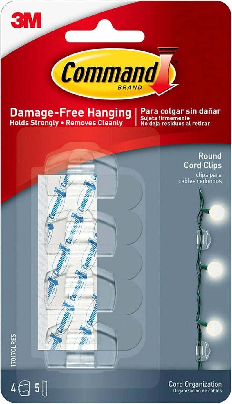 Command Round Cord Small Hanging Clips, Clear - 4 Hooks + 5 Strips/Pack - Image 1