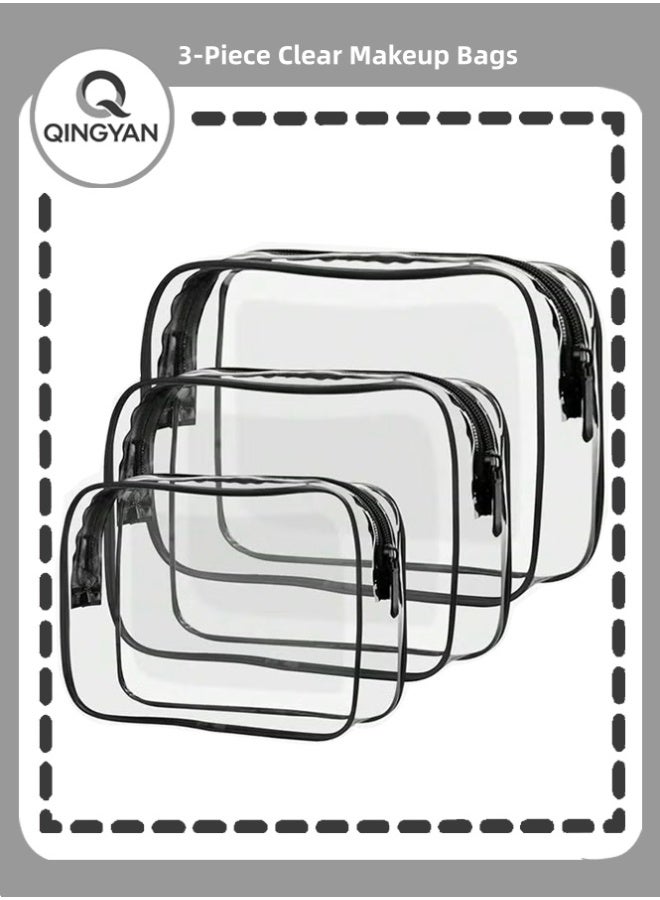 QINGYAN 3-Piece Clear Makeup Bags - Different Sizes Travel Toiletry Bags, Makeup Bags Carry On Toiletry Bags (Black) - Image 1