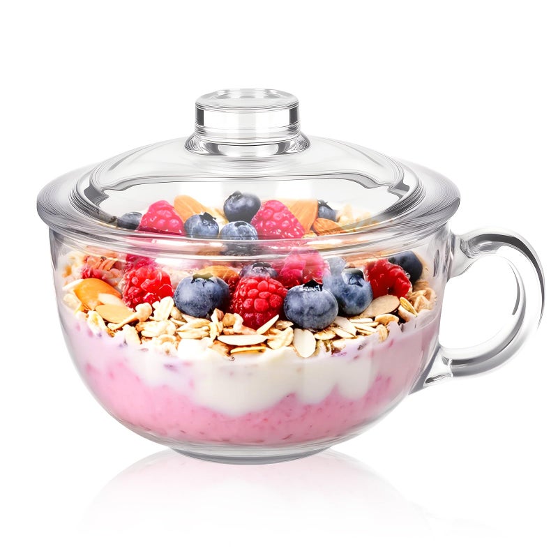 Patoper Clear Soup Bowls with Handle and Glass Lid Microwave Round Bowls Glass Cereal Cup Mug Mixing Bowl Insulated Oatmeal Bowl for Breakfast Rice Salad Fruit Yogurt,1 Pack - Image 2