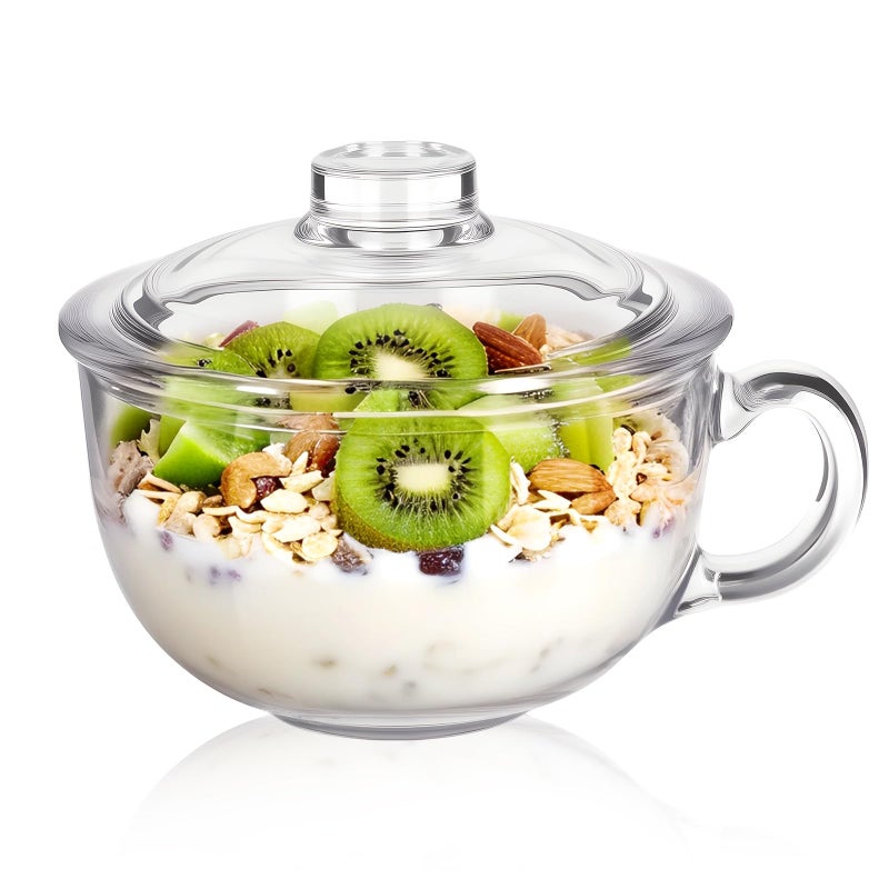 Patoper Clear Soup Bowls with Handle and Glass Lid Microwave Round Bowls Glass Cereal Cup Mug Mixing Bowl Insulated Oatmeal Bowl for Breakfast Rice Salad Fruit Yogurt,1 Pack - Image 1