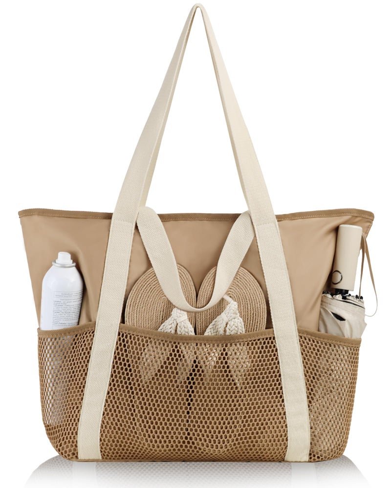 HOMESPON Beach Bag Large Waterproof Sandproof Foldable Tote Bag for Women with Zipper Mesh Pockets for Pool Cruise Travel Everyday (Khaki) - Image 1
