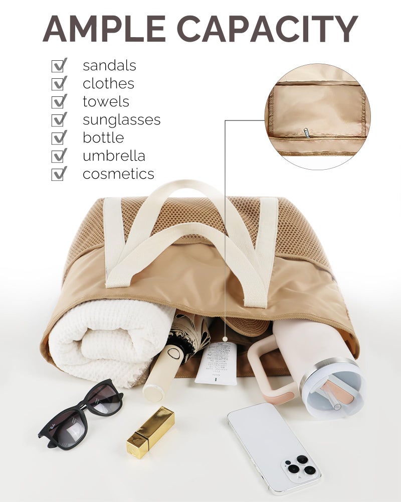 HOMESPON Beach Bag Large Waterproof Sandproof Foldable Tote Bag for Women with Zipper Mesh Pockets for Pool Cruise Travel Everyday (Khaki) - Image 5