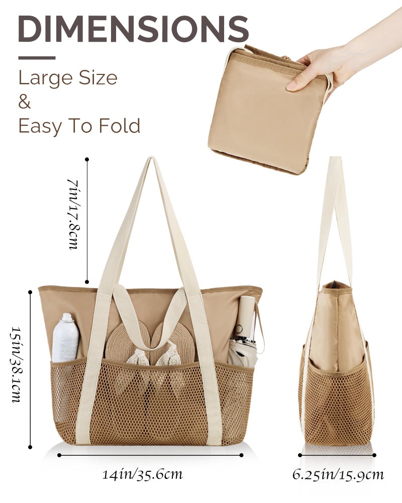 HOMESPON Beach Bag Large Waterproof Sandproof Foldable Tote Bag for Women with Zipper Mesh Pockets for Pool Cruise Travel Everyday (Khaki) - Image 4
