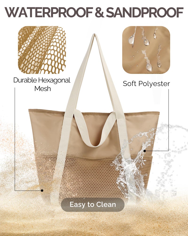 HOMESPON Beach Bag Large Waterproof Sandproof Foldable Tote Bag for Women with Zipper Mesh Pockets for Pool Cruise Travel Everyday (Khaki) - Image 3