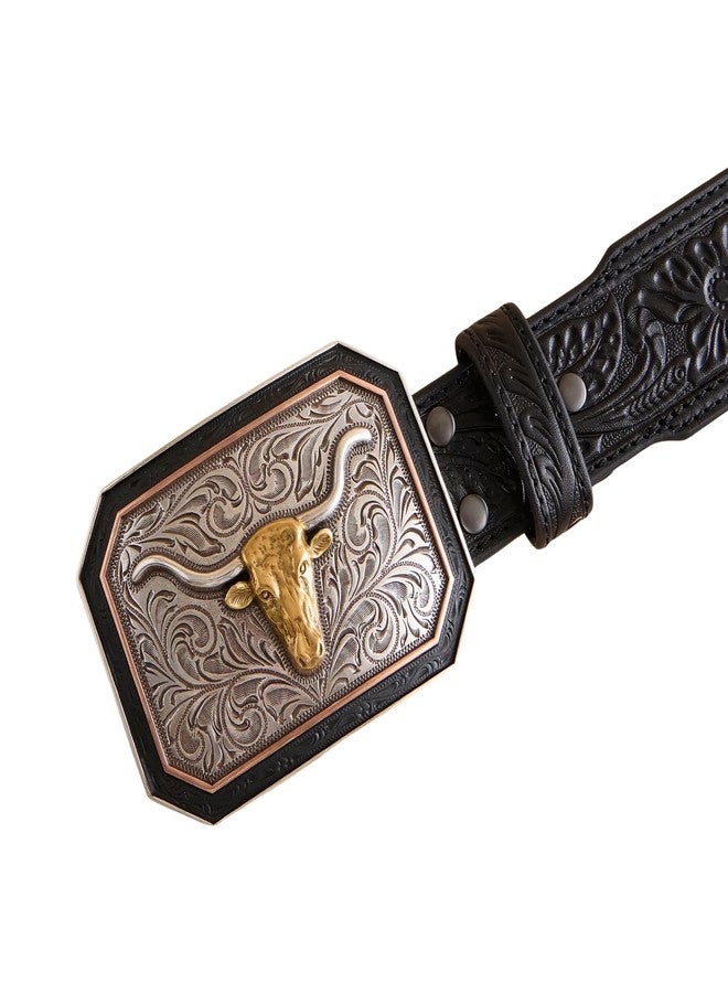ARIAT Men's Floral Embossed Leather Belt with Longhorn Buckle, 34 (Black) - Image 2