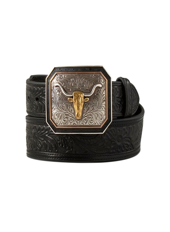 ARIAT Men's Floral Embossed Leather Belt with Longhorn Buckle, 34 (Black) - Image 1