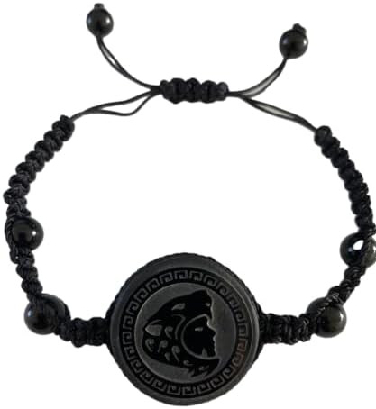 Black Bracelet adjustable W/Obsidian 1.18 In diameter stone Engraved Figurine Jaguar Face souvenir Teotihuacan handmade polished woman men volcano positive energy amulet - weight 0.51 oz
