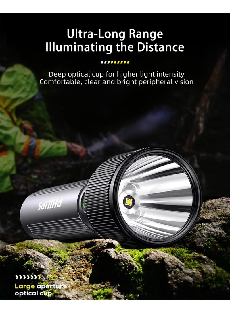 Philips 9W Rechargeable LED Torch Light | 650 Lumens Brightness | 450 m Beam Range | 3000 mAh Battery | 5 Lighting Modes (High, Low, Dimming, Strobe, SOS) | Stepless Dimming | Water & Drop Resistant Alloy Body | Portable Flashlight for Home, Camping & Emergency Use grey - Image 2