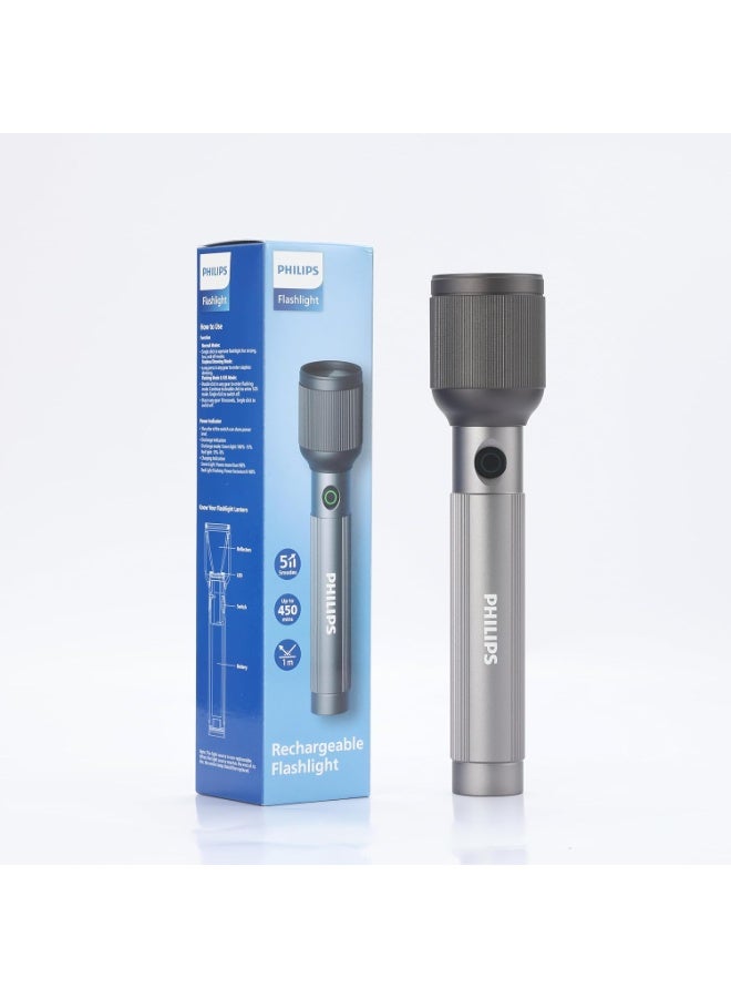 Philips 9W Rechargeable LED Torch Light | 650 Lumens Brightness | 450 m Beam Range | 3000 mAh Battery | 5 Lighting Modes (High, Low, Dimming, Strobe, SOS) | Stepless Dimming | Water & Drop Resistant Alloy Body | Portable Flashlight for Home, Camping & Emergency Use grey - Image 1