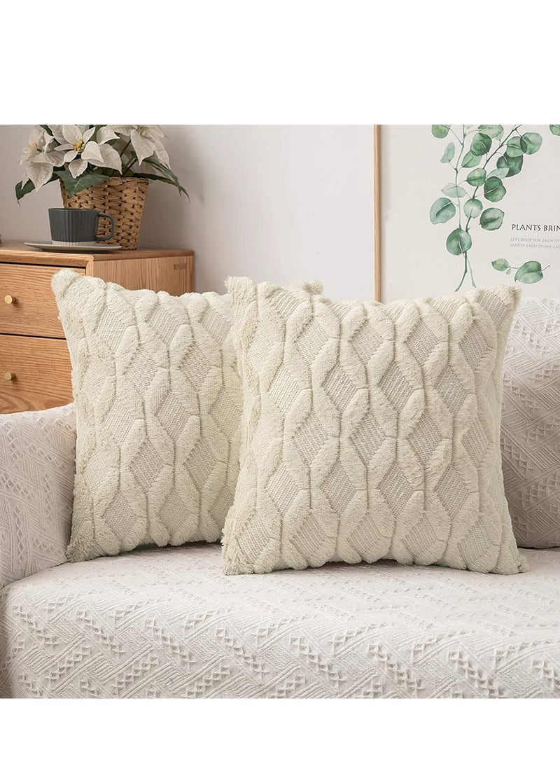 Set of 2 Boho Farmhouse Throw Pillow Covers, Soft Plush Wool Cases for Couch, Bedroom & Living Room (Beige, 18 x 18 Inch), Cozy Decorative Shells - Image 1