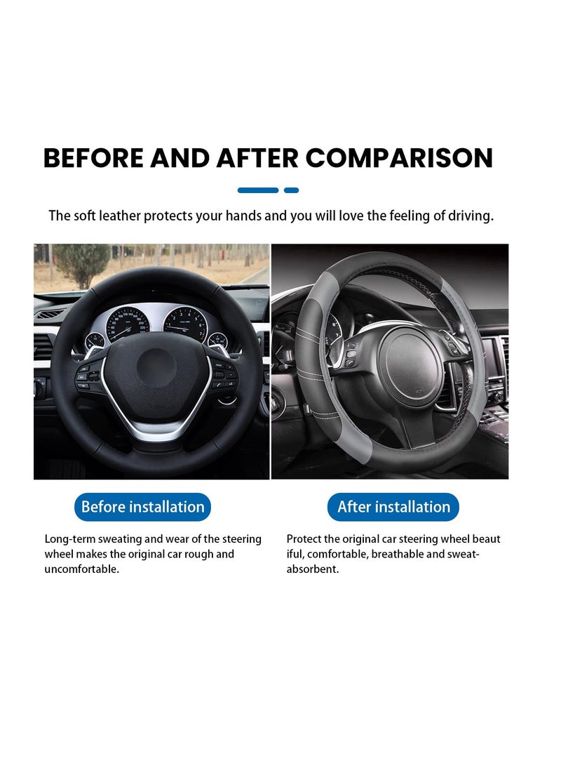 SYOSI غطاء عجلة قيادة السيارة، عالمي 15 بوصة، ملحقات السيارة لمجموعة متنوعة من السيارات، واقي عجلة قيادة رياضي من جلد ميكروفايبر قابل للتنفس، ملحقات داخلية للسيارة (رمادي) - Image 3