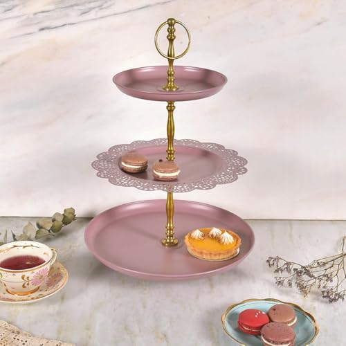 Elan Metal Flourish 3 Tier Cake Stand, Round Cupcake Stand, Cake Stand for Decoration (Mauve) - Image 1