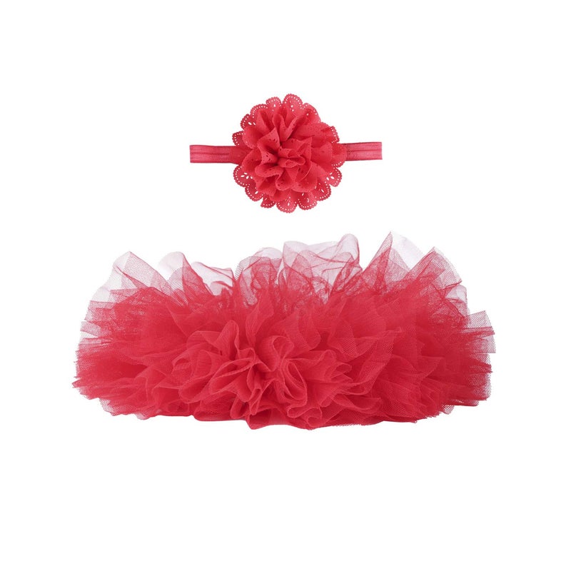 Angla 2pcs Flower Headband Tutu Skirt for Newborn Baby Girl Toddlers Infant 0-12 Months (Red) - Image 1