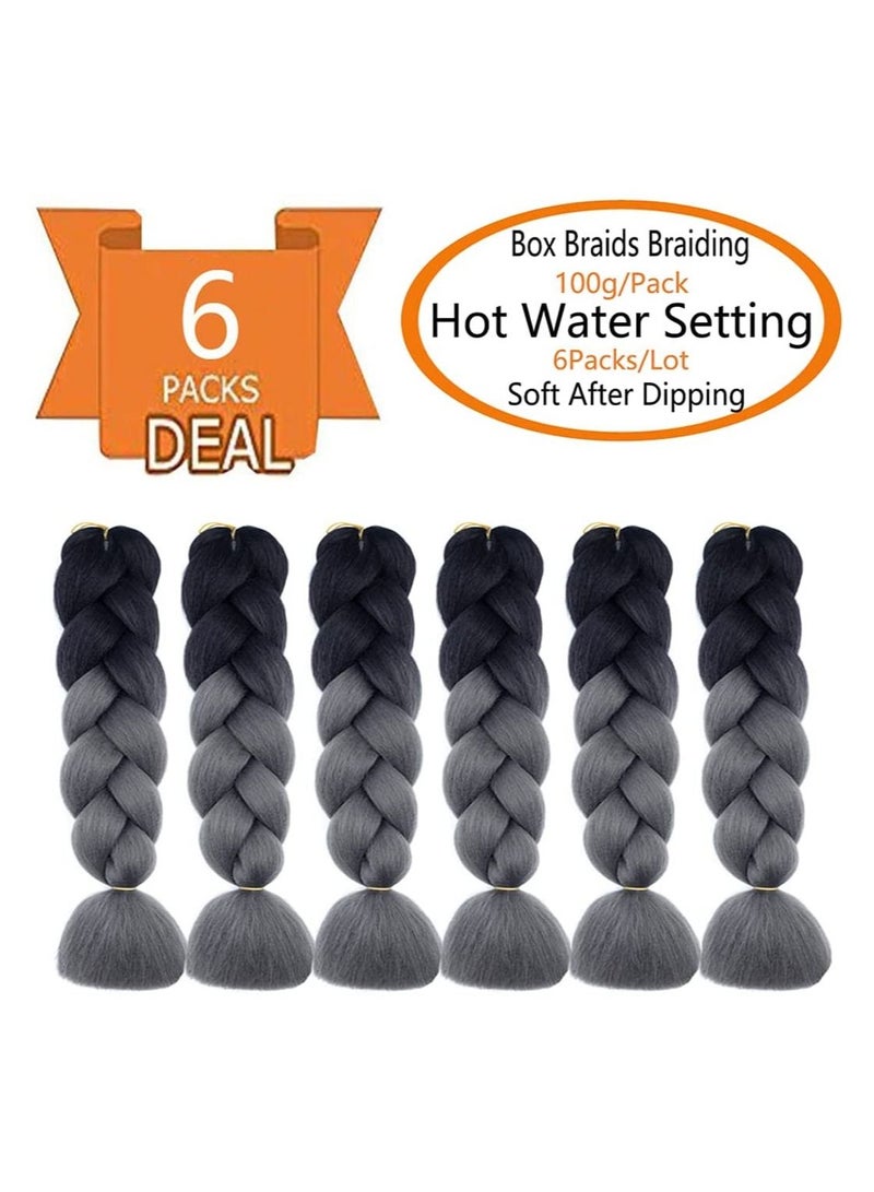 إستيل 6 عبوات من وصلات الشعر المضفرة الجامبو أومبير أومبير 24 بوصة وصلات شعر من الألياف الاصطناعية بدرجة حرارة عالية للتضفير (أسود إلى رمادي غامق) - Image 2
