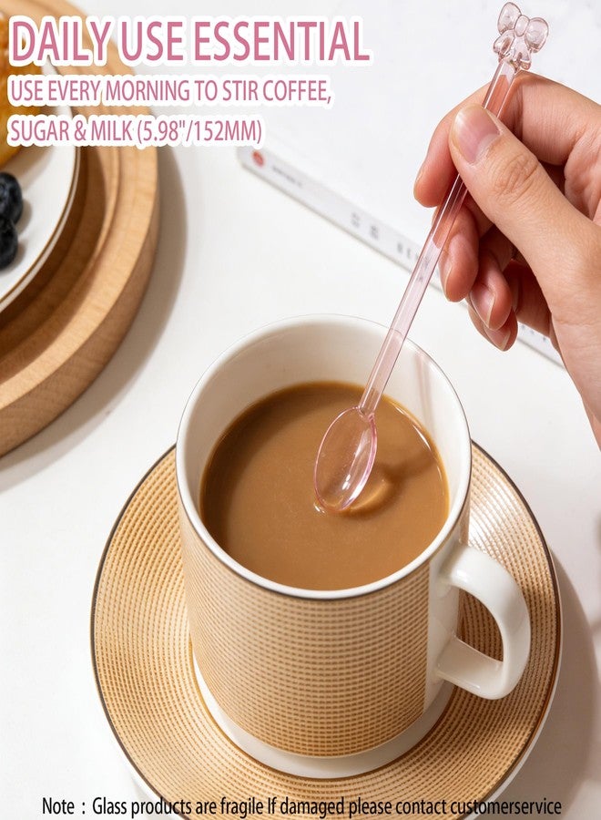 ٥ ملاعق تقليب زجاجية مزينة بفيونكة وردية رائعة، طولها ٥.٩ بوصة، ملاعق شاي مرحة وأنيقة للقهوة والشاي والحلويات والكوكتيلات والشوكولاتة الساخنة، ولغرف السكر والعسل، ملاعق لطيفة وساحرة لحفلات الزفاف - Image 3
