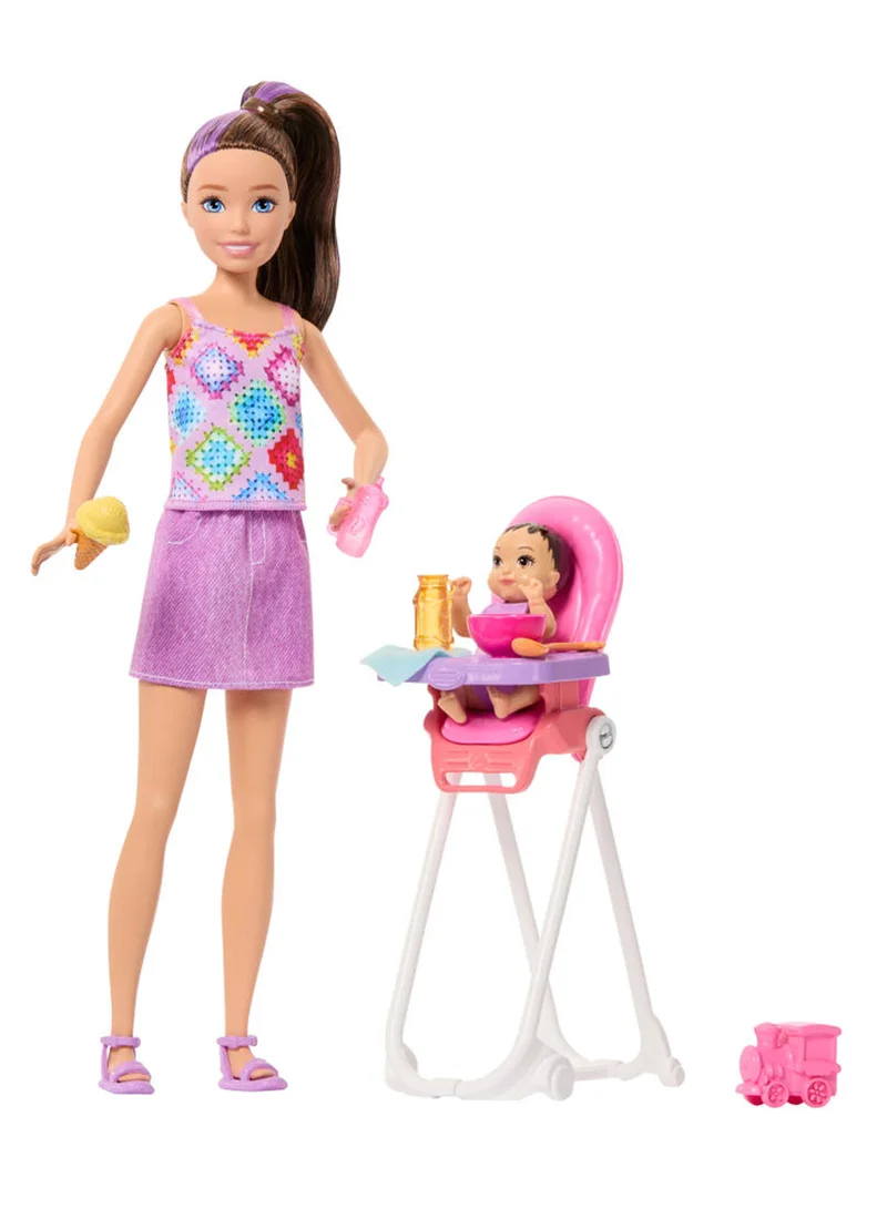 باربي Skipper Babysitters Inc. Playset with Brunette Doll, Brunette Toddler Doll, High Chair & 8 Accessories Including Food