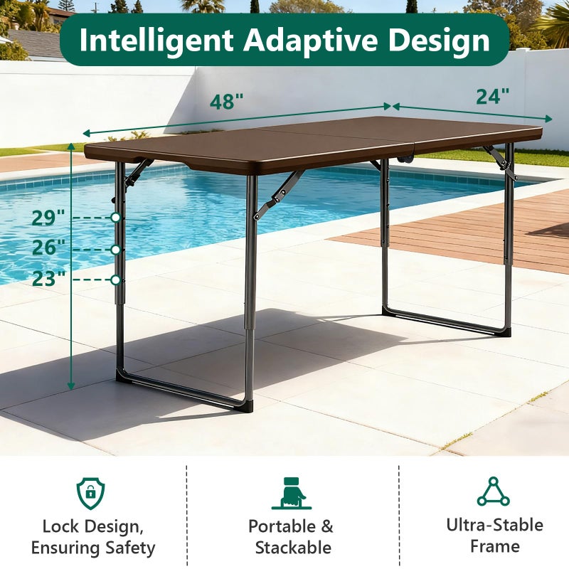 MAKE CHANGES Folding Table, 4FT Foldable Picnic Table with Adjustable Height, Heavy Duty Fold-in-Half Portable Table for Weddings, Camping, RV Travel, Parties, BBQs, and Indoor Use, Easy to Fold and Store, Brown - Image 4
