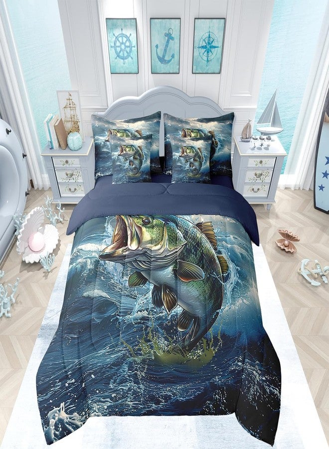Feelyou Pike Fish Full Comforter Set with Sheets 7 Piece Bass Big Fish Bedding Set Ocean Fishing and Hunting Bed in a Bag - Image 1
