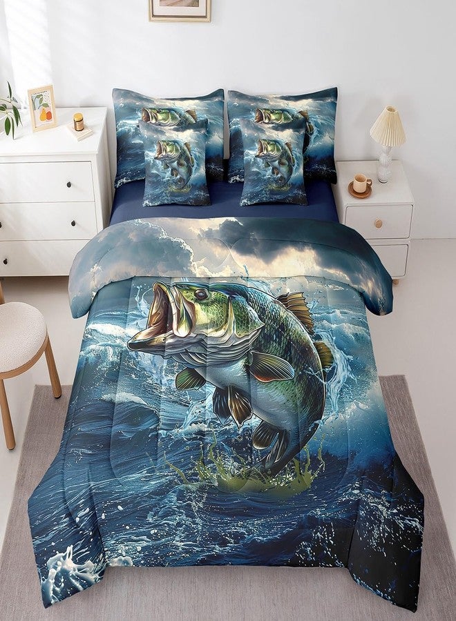 Feelyou Pike Fish Full Comforter Set with Sheets 7 Piece Bass Big Fish Bedding Set Ocean Fishing and Hunting Bed in a Bag - Image 3