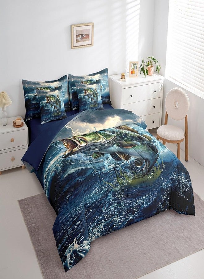 Feelyou Pike Fish Full Comforter Set with Sheets 7 Piece Bass Big Fish Bedding Set Ocean Fishing and Hunting Bed in a Bag - Image 2