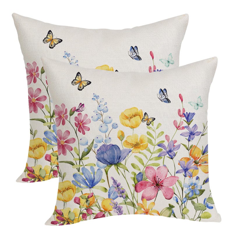 OFIRD Spring Pillow Covers 18x18 Pack of 2 Colorful Floral Butterfly Throw Pillow CoversSpring Summer Floral Pillowcase Rustic Farmhouse Decorative Linen Cushion Case for Sofa Couch OutdoorIndoor