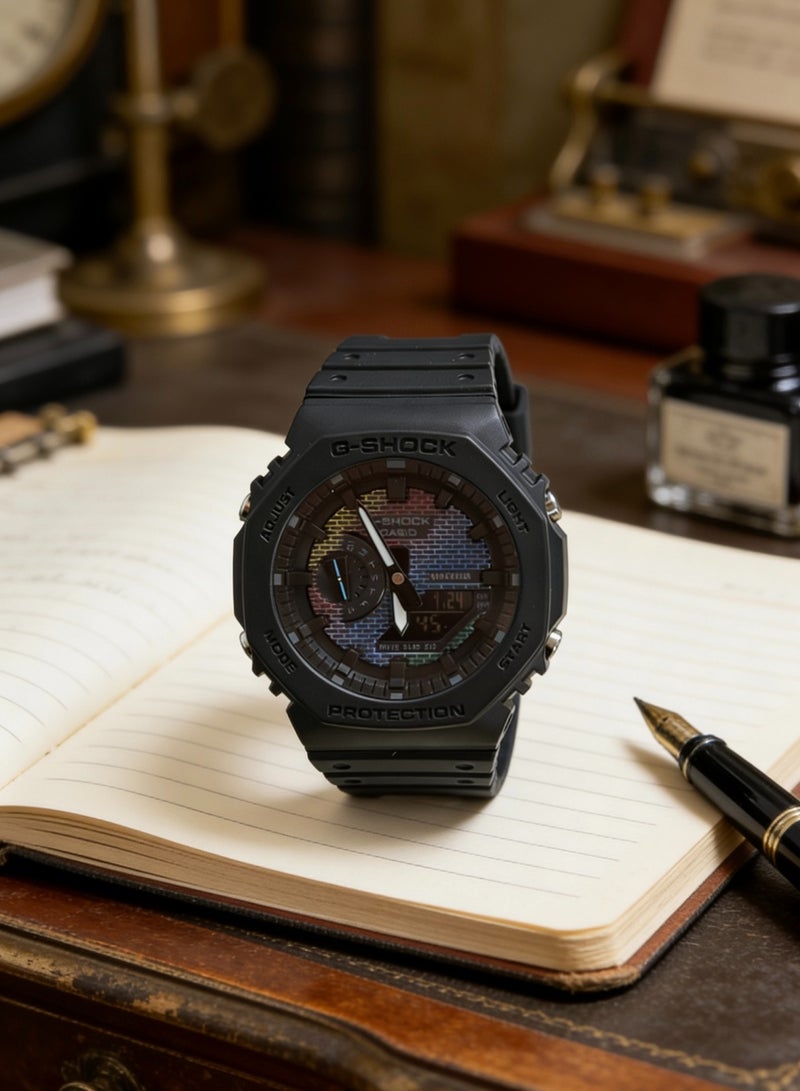 كاسيو كاسيو G-SHOCK سلسلة جدار قوس قزح محددة النموذج الأولي الثماني الزاوية GA-2100 الكلاسيكية مقاومة للصدمات ومقاومة للماء بناء الحماية الأساسية الحركة الكوارتز حزام الراتنج الساعة اليابانية الكورية الرجال والنساء نفس النموذج لوحة ملونة - Image 2