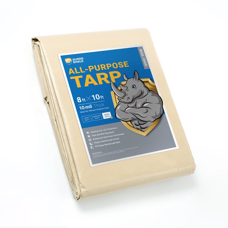 GUARD SHIELD Beige Tarp Heavy Duty Waterproof 8x10 Feet Outdoor Poly Tarps Cover Thick UV Resistant Canopy Tarpaulin with Grommets 10mil