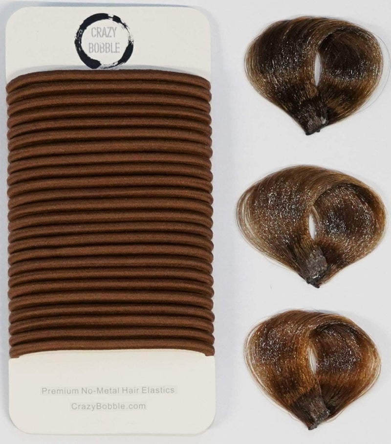 24 Pcs Medium Brown Crazy Bobble Premium NonMetal Hair Elastics Hair Bands 4mm Thick Hair Ties For Adults and Kids