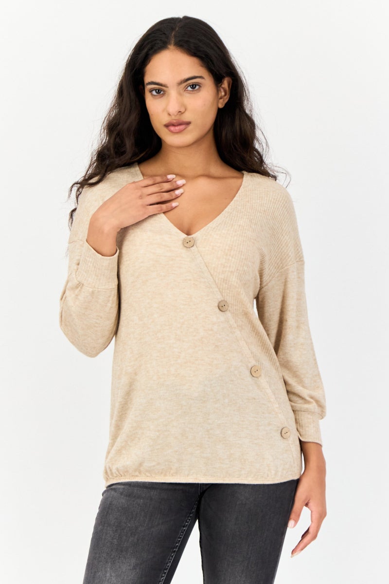 ADRIENNE VITTADINI Women V Neck Heather 3/4th Sleeve Top, Beige - Image 1