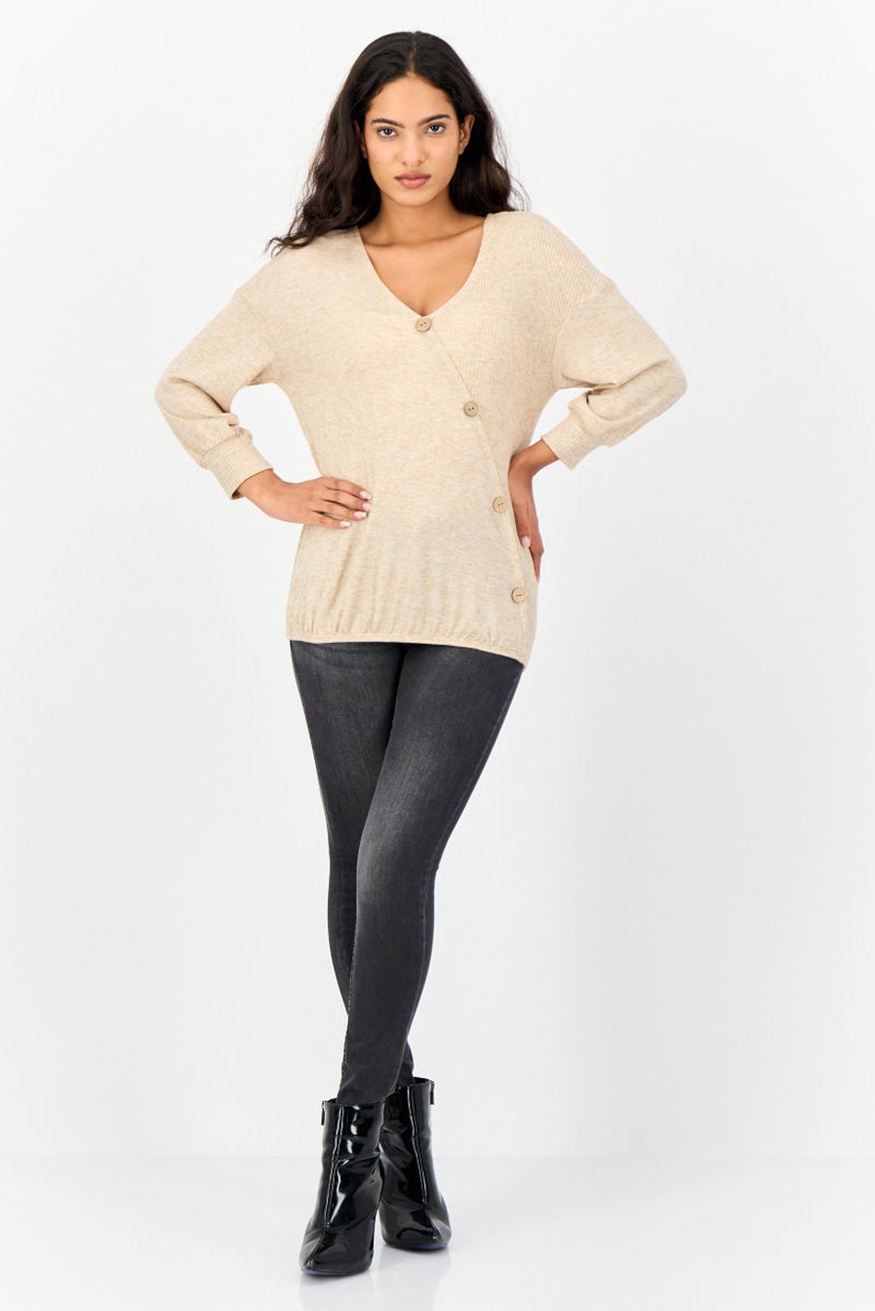 ADRIENNE VITTADINI Women V Neck Heather 3/4th Sleeve Top, Beige - Image 4