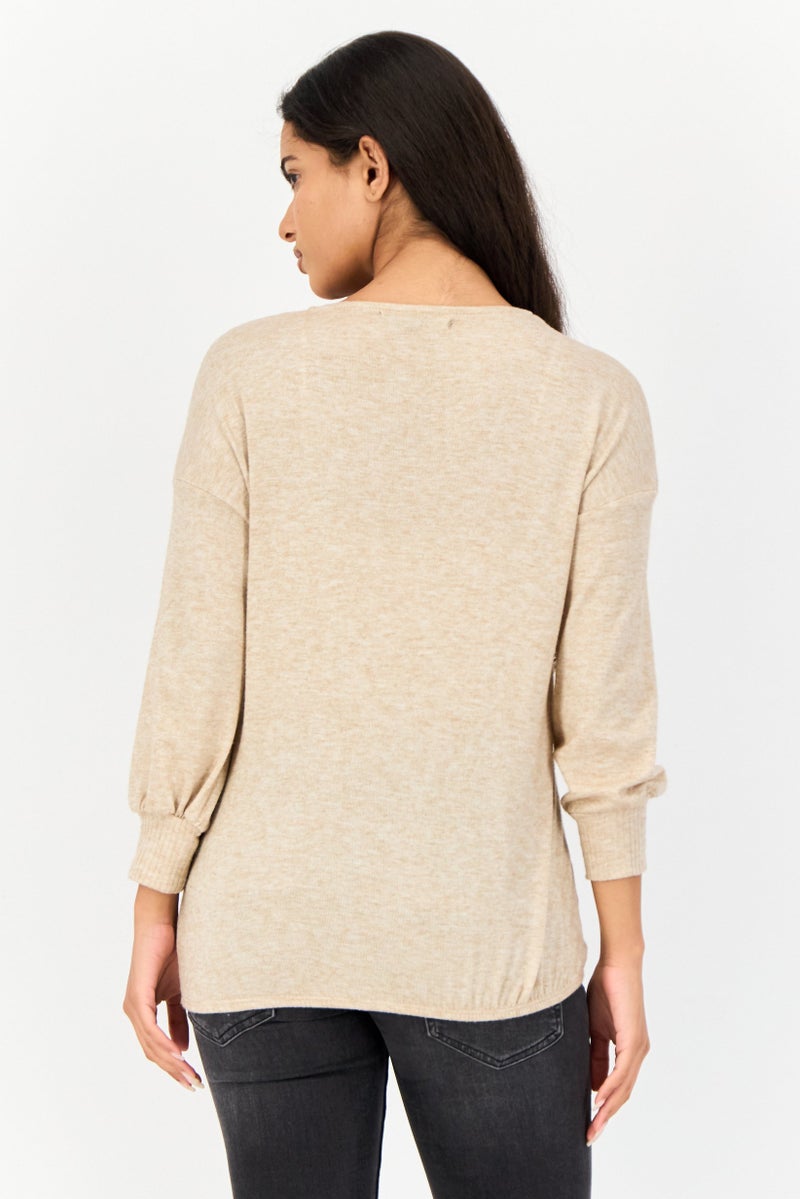 ADRIENNE VITTADINI Women V Neck Heather 3/4th Sleeve Top, Beige - Image 3