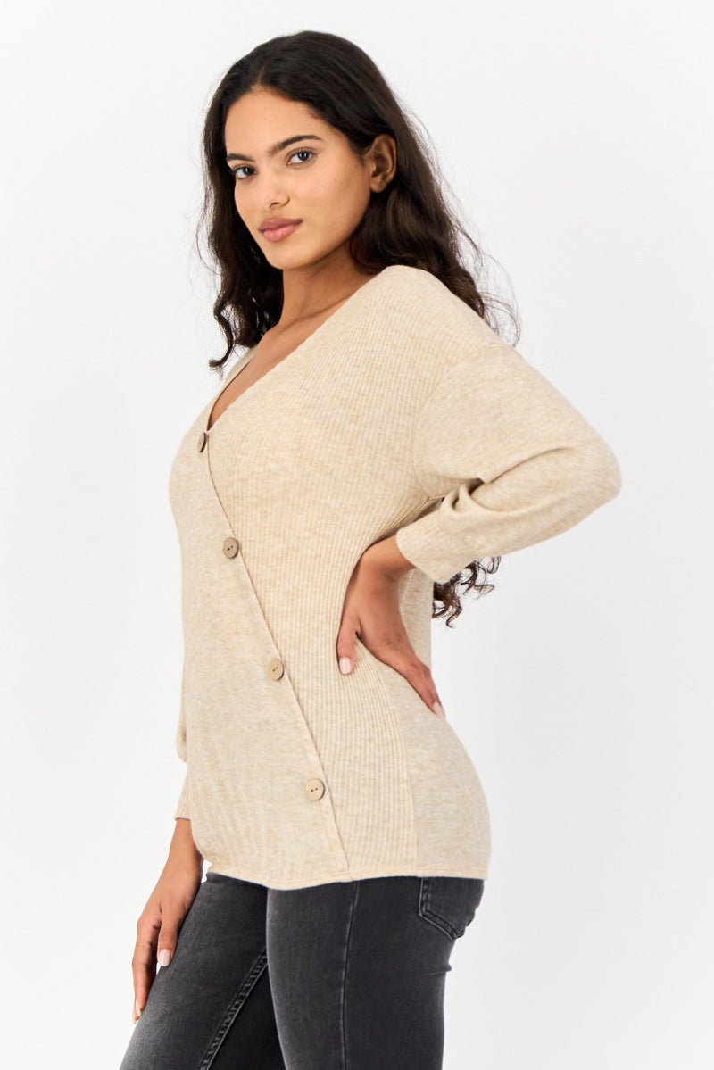 ADRIENNE VITTADINI Women V Neck Heather 3/4th Sleeve Top, Beige - Image 2