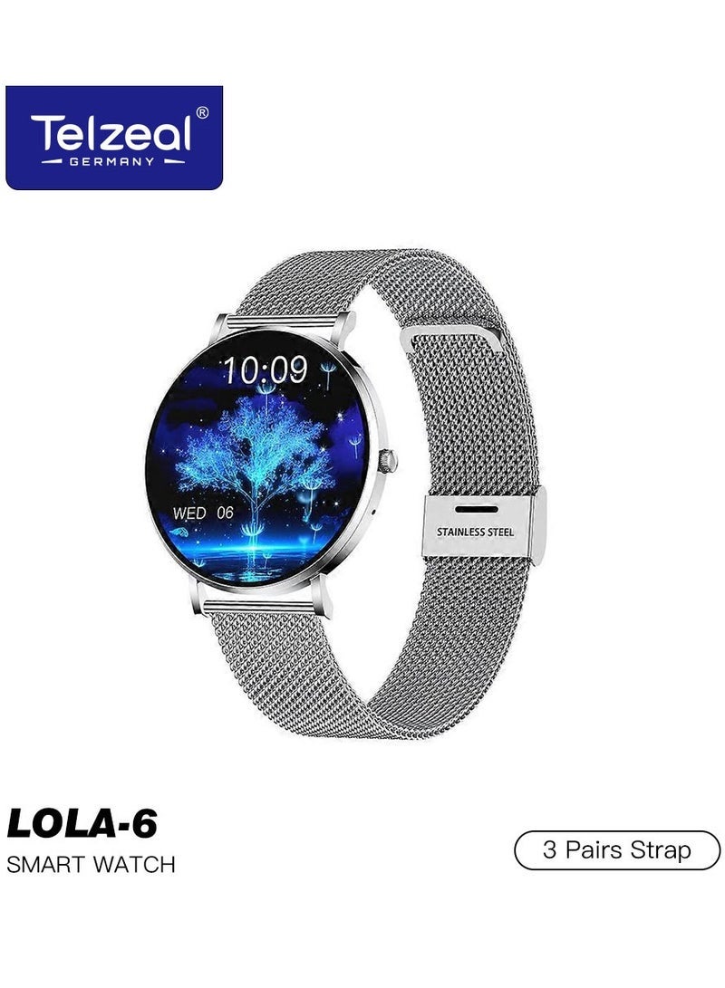 Telzeal LOLA-6 Ultra-Slim Round Smartwatch for Ladies with Elegant Silver Finish – Includes 3 Interchangeable Straps and Charging Cable – Stylish Fitness Tracker with Health Monitoring, Call Alerts, Custom Watch Faces, and Lightweight Design - Image 1