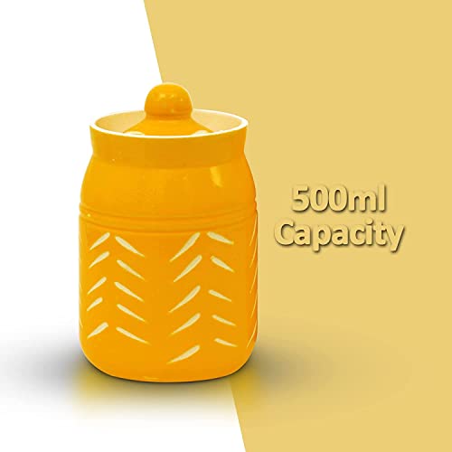 SHRIYAM CRAFTS Ceramic Jar With Lid Unique Design Food Storage Container In Yellow (Jar Yellow 500Ml Pack Of 1), Brown - Image 5