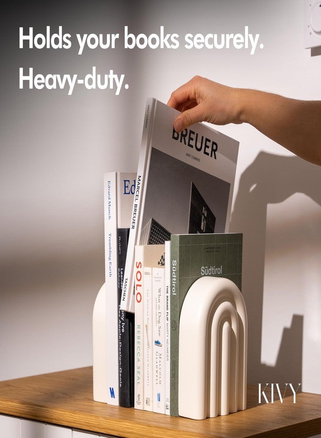 KIVY Concrete Book Ends for Shelves [Heavy Duty BOOKENDS] - Bookends Decorative for Heavy Books - Modern Trendy Book Ends - Book Stopper for Shelves - Book Holders for Shelves (White Bookends) - Image 2