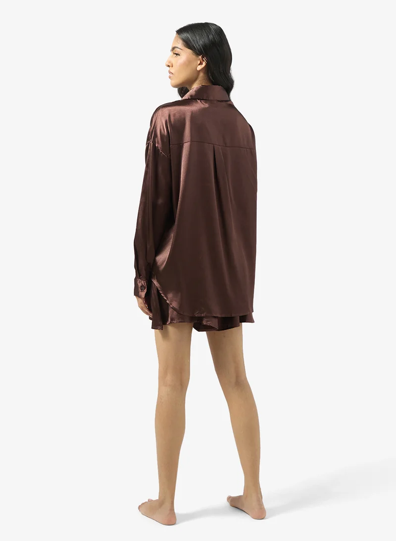 جينجر Satin Button Up Shirt & Short PJ Set
