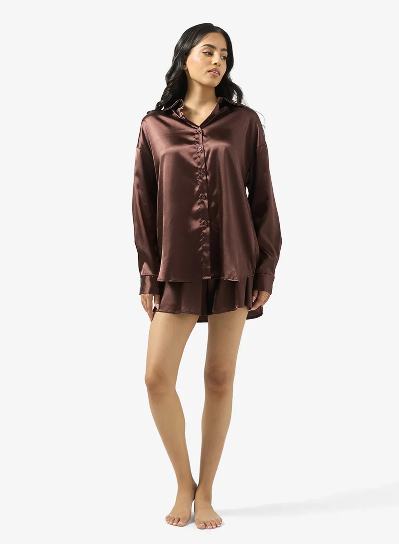 جينجر Satin Button Up Shirt & Short PJ Set